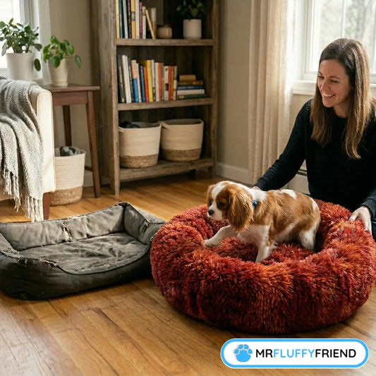 Cavalier King Charles Spaniel passant d’un vieux panier pour chien usé à un nouveau panier donut rouge et moelleux
