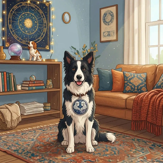 Un Border Collie portant un médaillon des Gémeaux dans un bureau cosy, montrant comment certains chiens associés aux signes du zodiaque correspondent à des personnalités spécifiques.